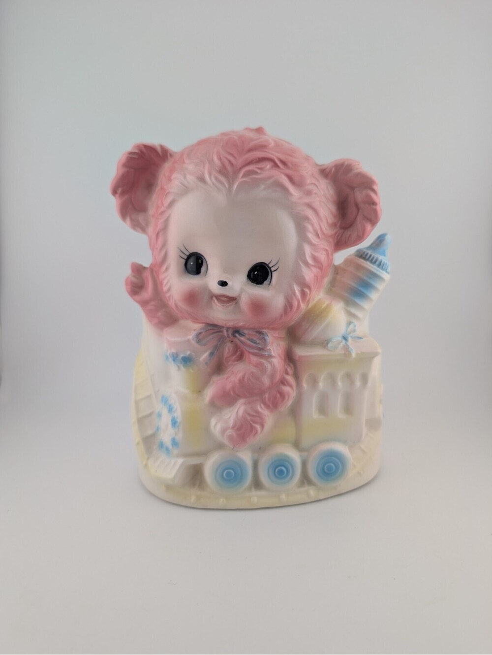 Rubens Originals Pink Teddy Bear Ceramic Train Conductor Baby Room Decor Planter